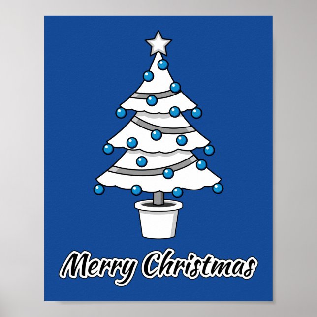 White Christmas Tree Blue Decorations - Merry Xmas (Front)