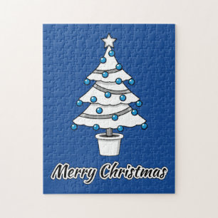 White Christmas Tree Blue Decorations - Merry Xmas Jigsaw Puzzle