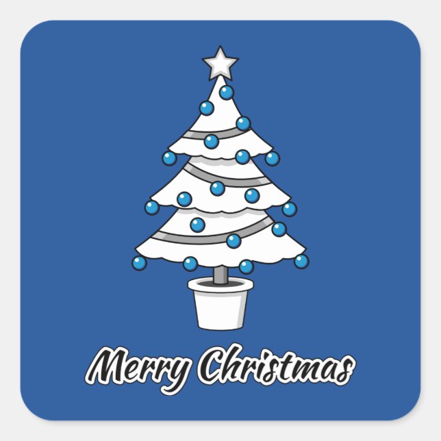 White Christmas Tree Blue Decorations - Merry Xmas Square Sticker (Front)