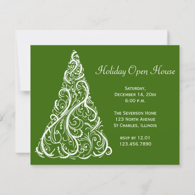 White Christmas Tree Holiday Open House Invitation (Front)