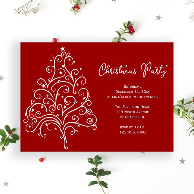 White Christmas Tree on Red Holiday Party Invitation (Creator Uploaded)
