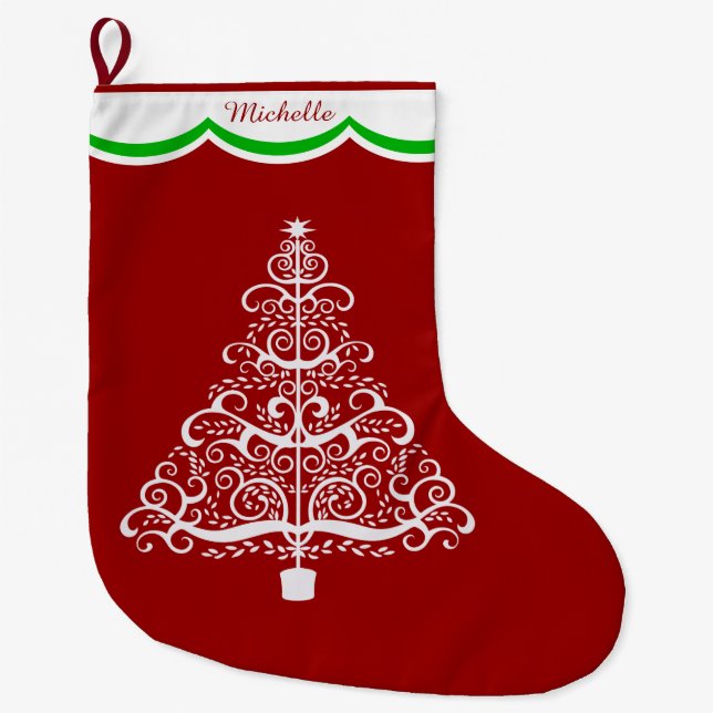 White Christmas Tree on Red Personalised Large Christmas Stocking (Front)