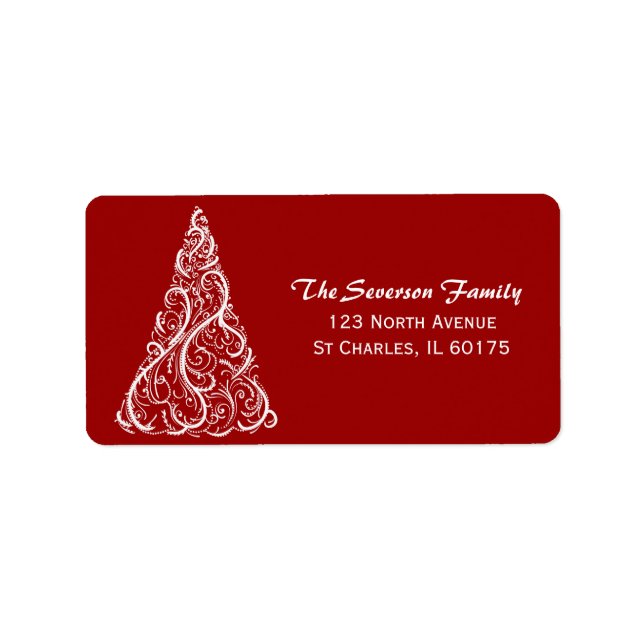 White Christmas Tree on Red Return Address Label (Front)