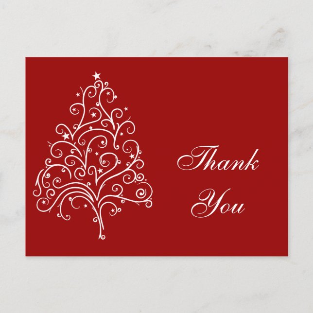 White Christmas Tree on Red Thank You Postcard (Front)