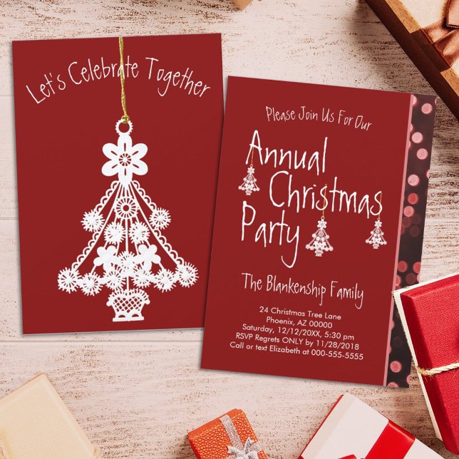 White Christmas Tree Ornament Deep Red Custom  Invitation (Creator Uploaded)