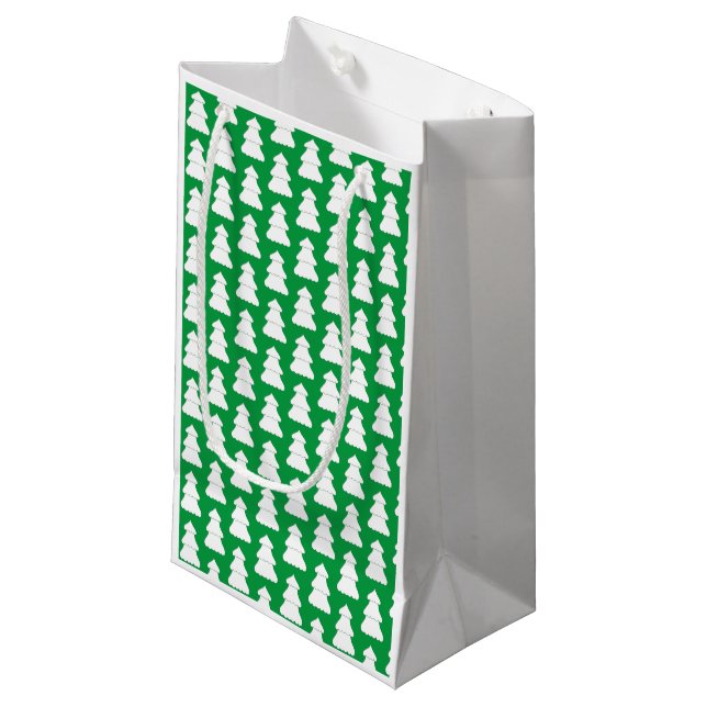 White Christmas Tree Outlines on Green Gift Bags (Front Angled)
