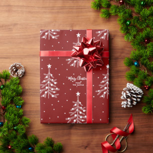 White Christmas Tree Pattern Custom Text Red Wrapping Paper
