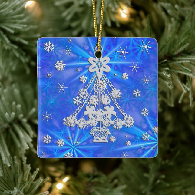 White Christmas Tree Snowflakes Over Blue Ceramic Tree Decoration (Tree)
