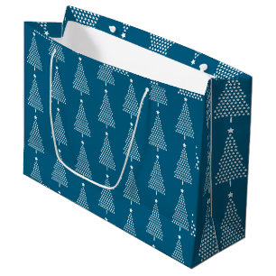 White Christmas Tree Stars Pattern On Blue Large Gift Bag