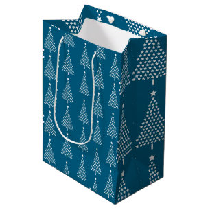 White Christmas Tree Stars Pattern On Blue Medium Gift Bag