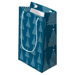 White Christmas Tree Stars Pattern On Blue Small Gift Bag