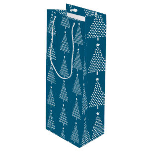 White Christmas Tree Stars Pattern On Blue Wine Gift Bag