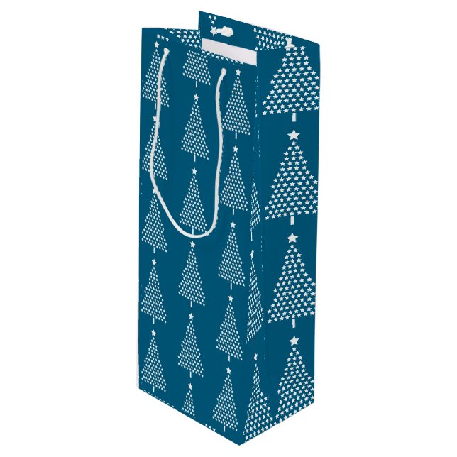 White Christmas Tree Stars Pattern On Blue Wine Gift Bag (Front Angled)