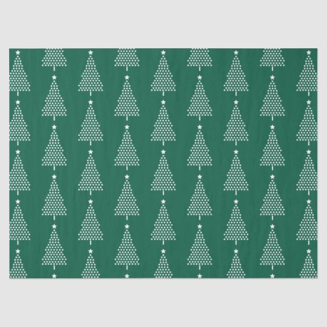 White Christmas Tree Stars Pattern On Green Tissue Paper (Front)