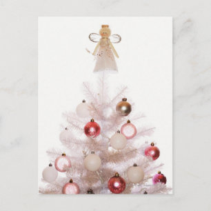 White Christmas tree with baubles and angel, Holiday Postcard