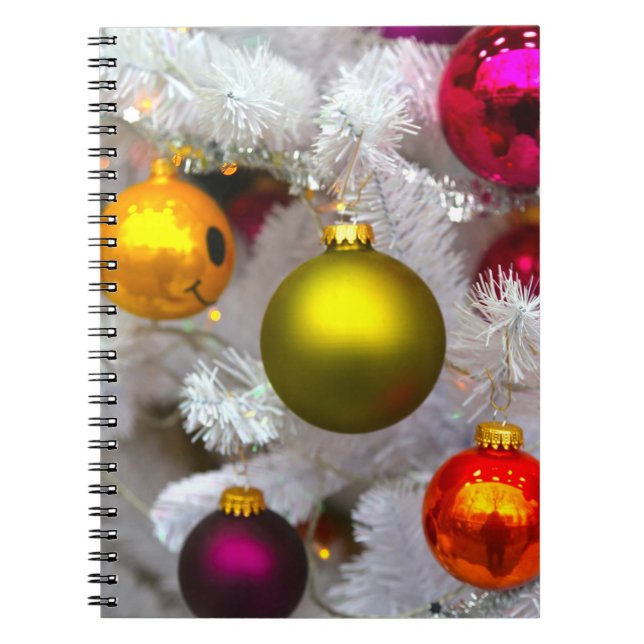 White Christmas Tree With Colourful Baubles Notebook (Front)