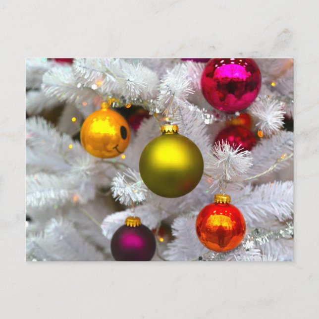 White Christmas Tree With Colourful Baubles Postcard (Front)