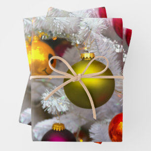 White Christmas Tree With Colourful Baubles Wrapping Paper Sheet