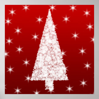 White Christmas Tree with Stars on Red. Poster