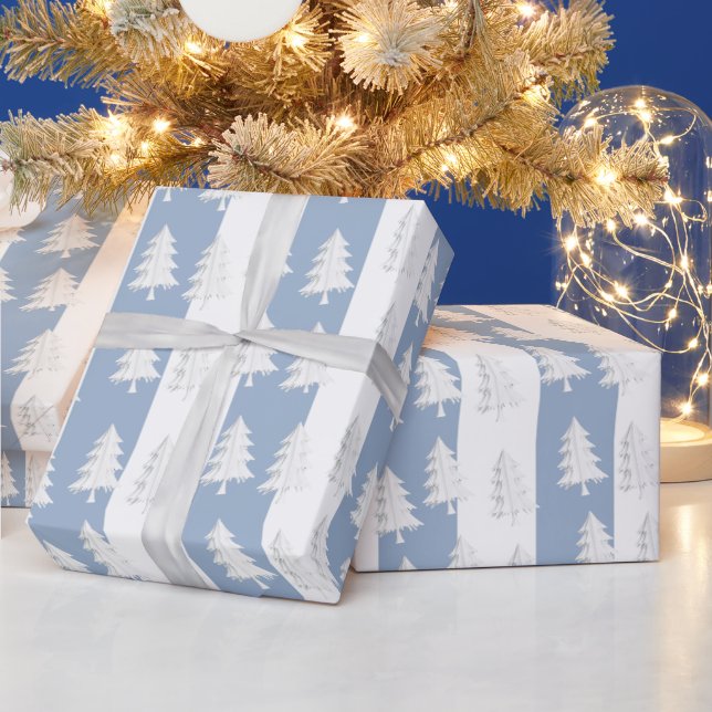 White Christmas Tree Wrapping  Blue & White Stripe Paper (Holidays)