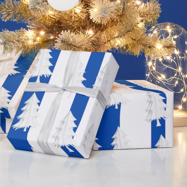 White Christmas Tree Wrapping Blue & White Stripe  Paper (Holidays)