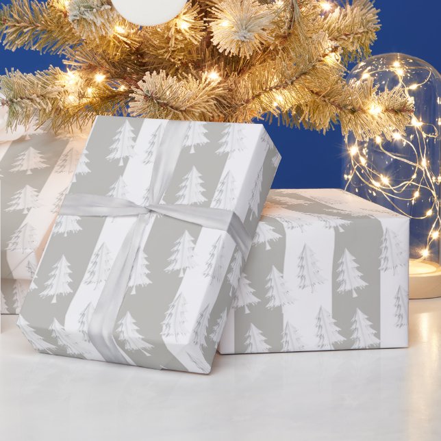 White Christmas Tree Wrapping Grey & White Stripe  Paper (Holidays)
