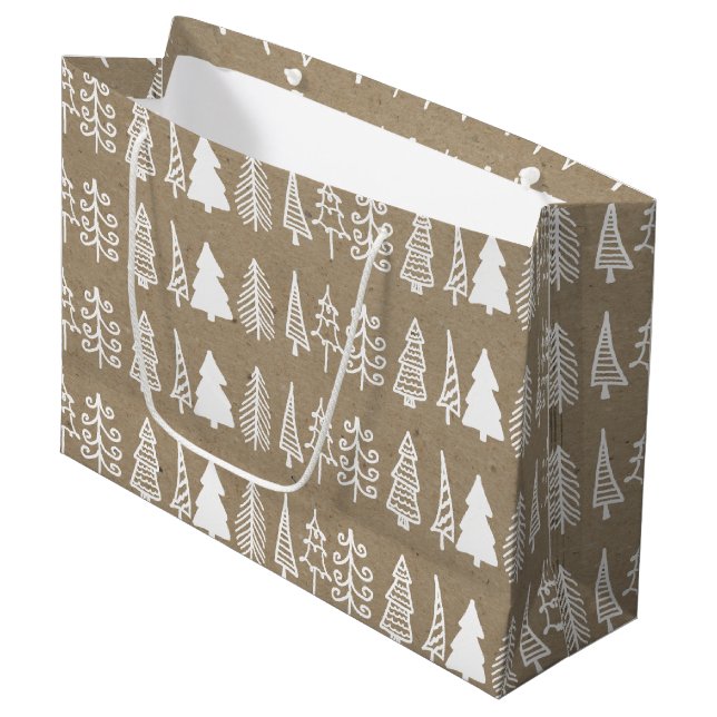 White Christmas Trees Kraft Paper Holiday Pattern Large Gift Bag (Front Angled)
