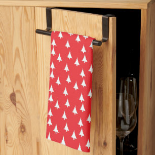 White Christmas Trees Red Tea Towel