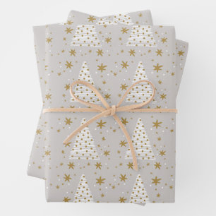 White Christmas Trees with Golden Start and Lights Wrapping Paper Sheet