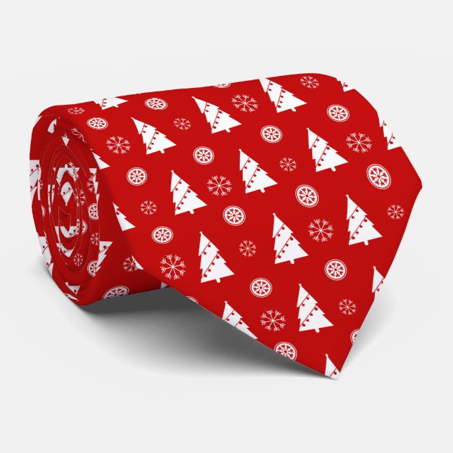 White Christmas Trees with Snowflakes Pattern Tie (Rolled)