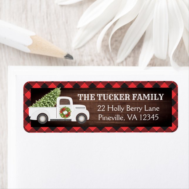White Christmas Truck Tree Plaid Rustic Address (Insitu)