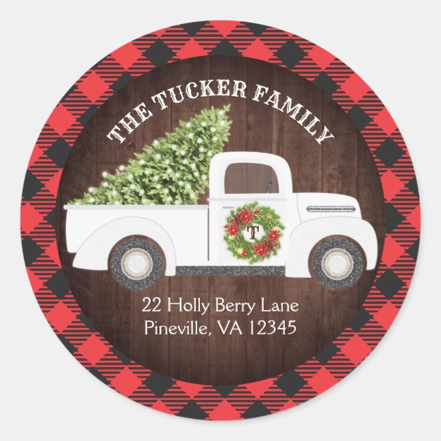 White Christmas Truck Tree Wreath Plaid Address Classic Round Sticker (Front)