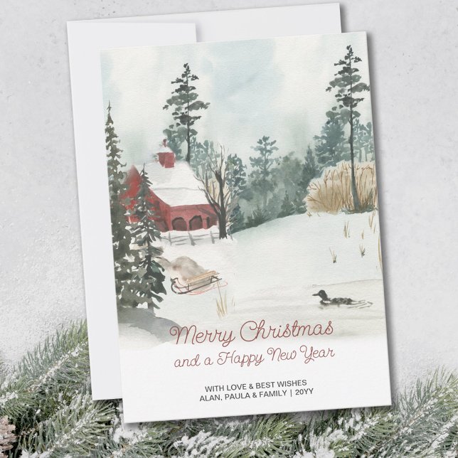 White Christmas Watercolor Winter Landscape Holiday Card (Creator Uploaded)
