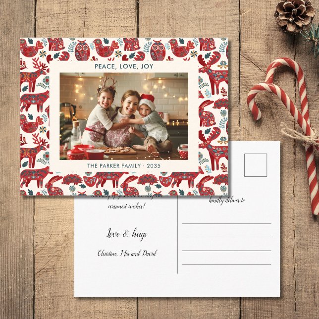 White Christmas Woodland Animals Folk Art Photo Holiday Postcard (Creator Uploaded)