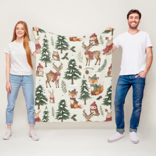 White Christmas Woodland Fox Deer Bunny Pattern Fleece Blanket