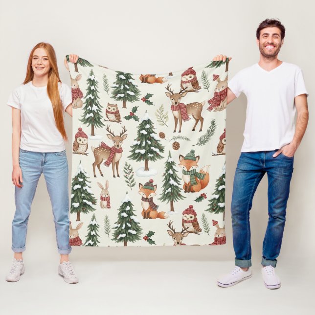 White Christmas Woodland Fox Deer Bunny Pattern Fleece Blanket (In Situ)