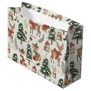 White Christmas Woodland Fox Deer Bunny Pattern Large Gift Bag