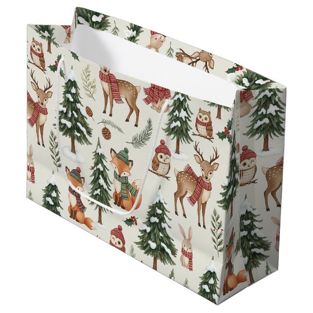 White Christmas Woodland Fox Deer Bunny Pattern Large Gift Bag (Front Angled)