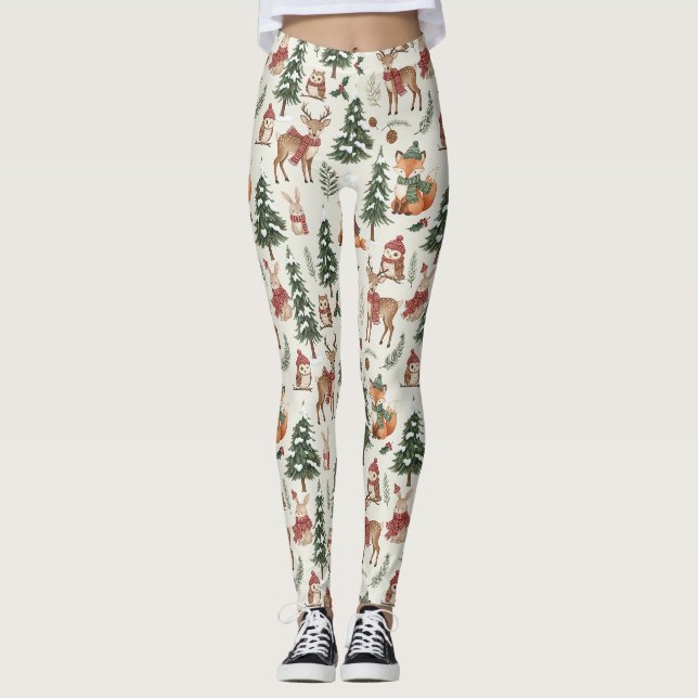 White Christmas Woodland Fox Deer Bunny Pattern Leggings (Front)
