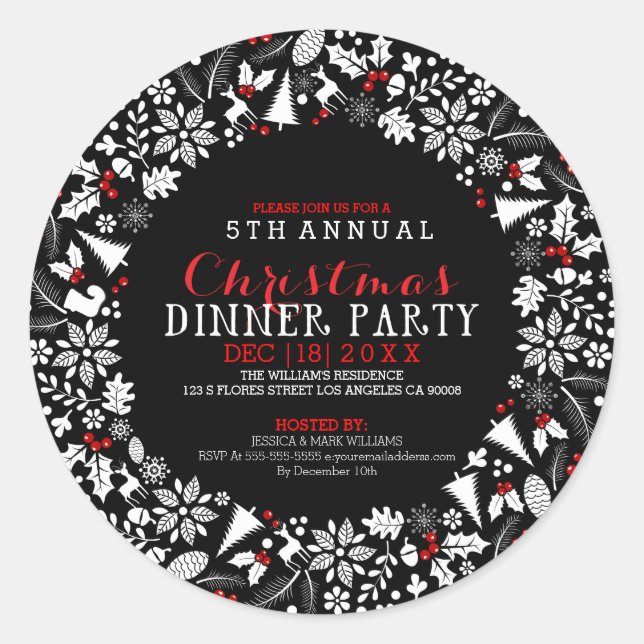 White Christmas Wreath Dinner Party Invite Classic Round Sticker (Front)