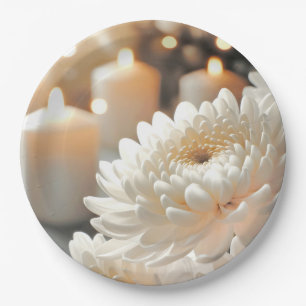White Chrysanthemum Flower and Candles Paper Plate