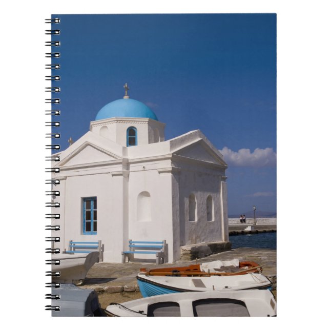 White church on the beach near the Aegean Sea on Spiral Notebook (Front)