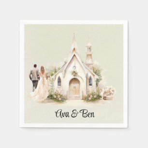 White Church Watercolor Wedding Napkin