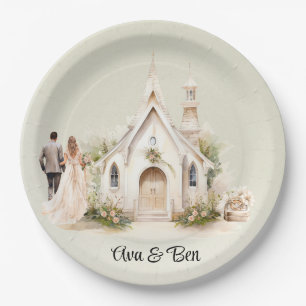 White Church Watercolor Wedding Paper Plate
