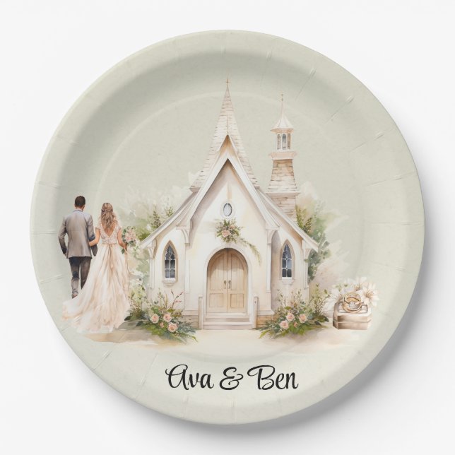 White Church Watercolor Wedding Paper Plate (Front)