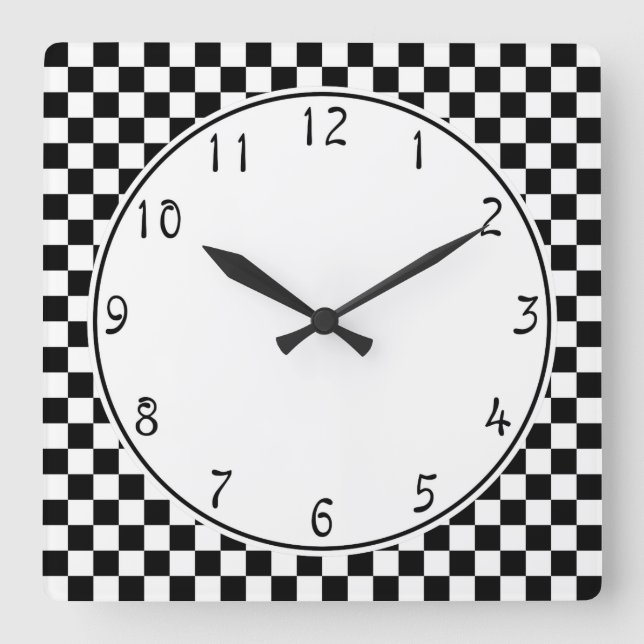 White circle Black Chequerboard pattern Square Wall Clock (Front)