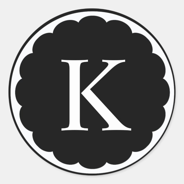 White Circle Scallop Framed Monogram Classic Round Sticker (Front)