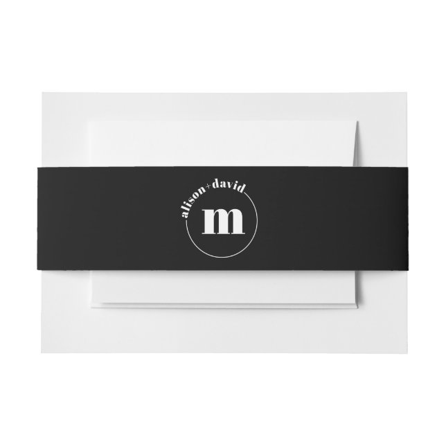 White circle with names and monogram black wedding invitation belly band (Front Example)