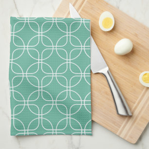 White Circles And Squares On Turquoise Mid-Century Tea Towel