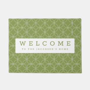 White Circles Squares Green Personalised Welcome Doormat